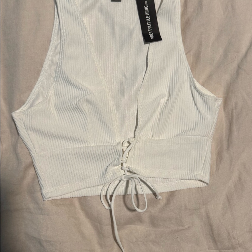 PrettyLittleThing Ivory Lace-Up Ribbed Crop Top
